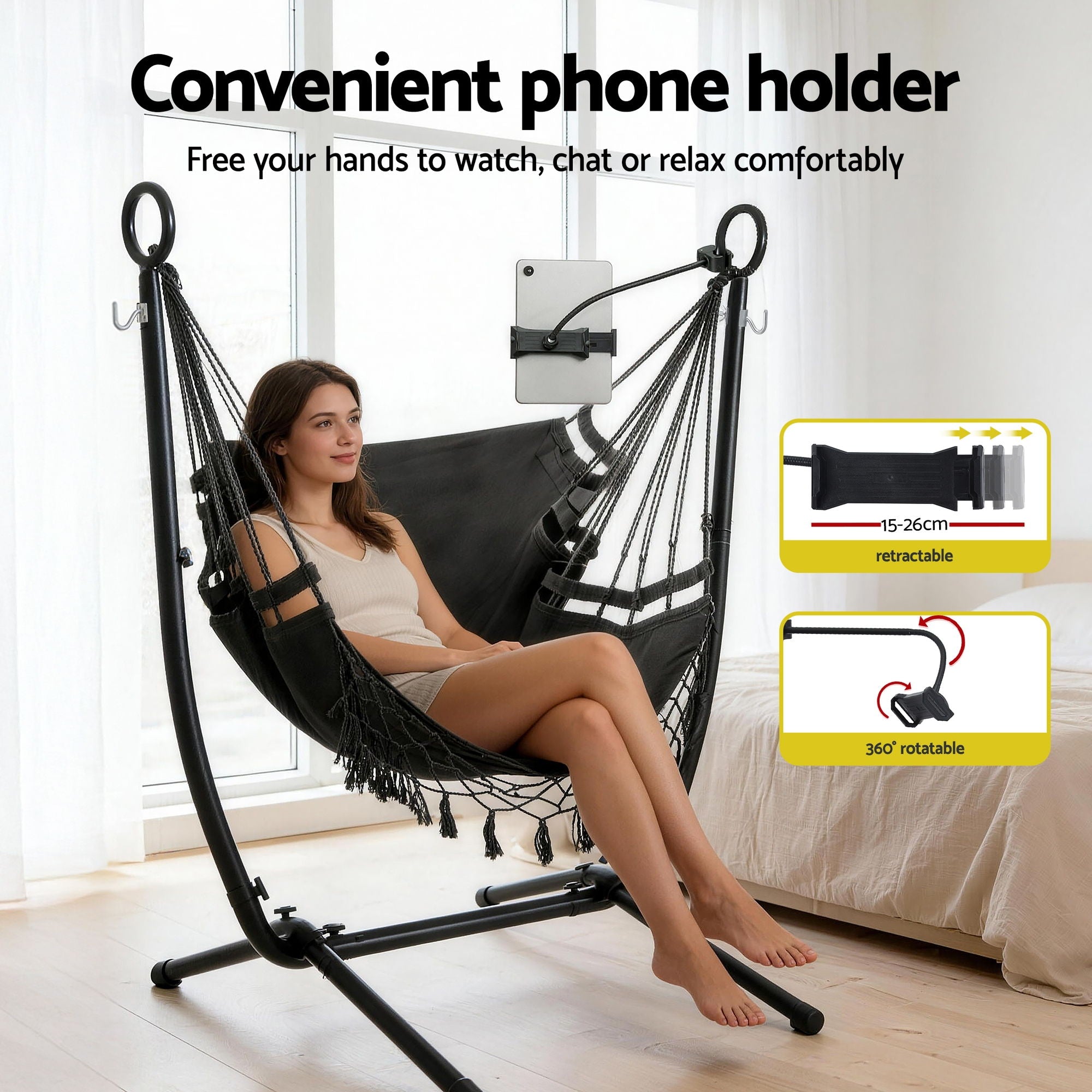 Gardeon Hammock Chair Stand Iron Frame w/ Phone Holder Black HM-CHAIR-STD-H