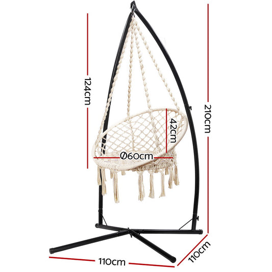 Gardeon Hammock Chair with Steel Stand Macrame Outdoor Swinging Cream HM-CHAIR-SWING-CREAM-X