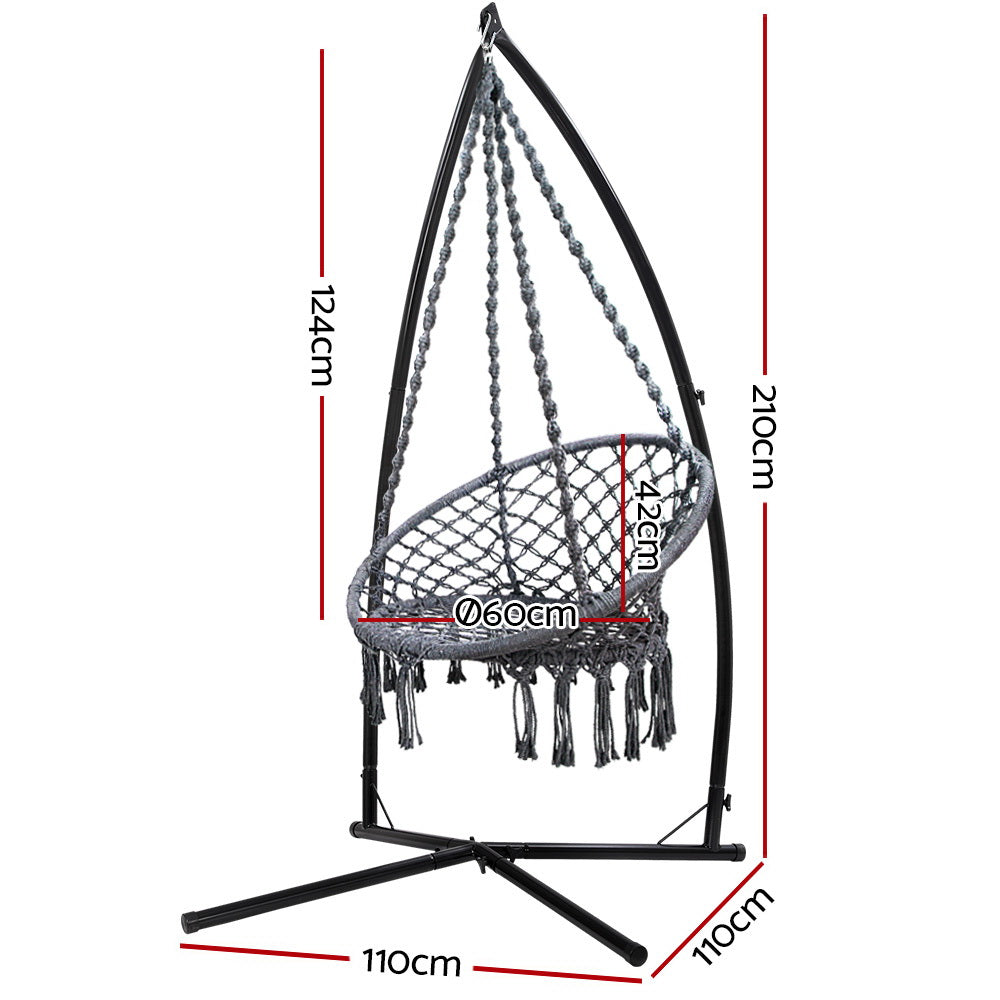 Gardeon Hammock Chair with Steel Stand Macrame Outdoor Swinging Grey HM-CHAIR-SWING-GREY-X