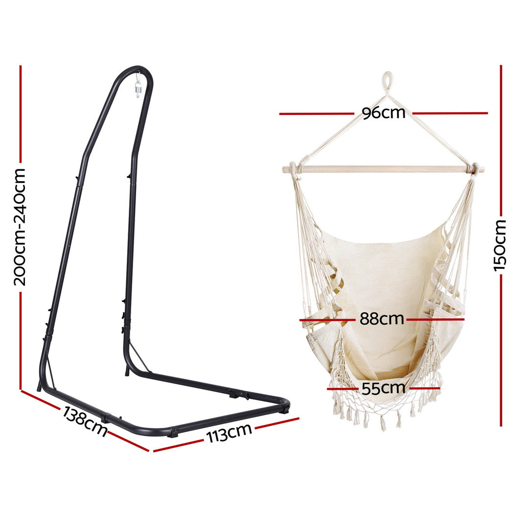 Gardeon Hammock Hanging Chair with Steel Stand HM-CHAIR-TASSEL-CREAM-A