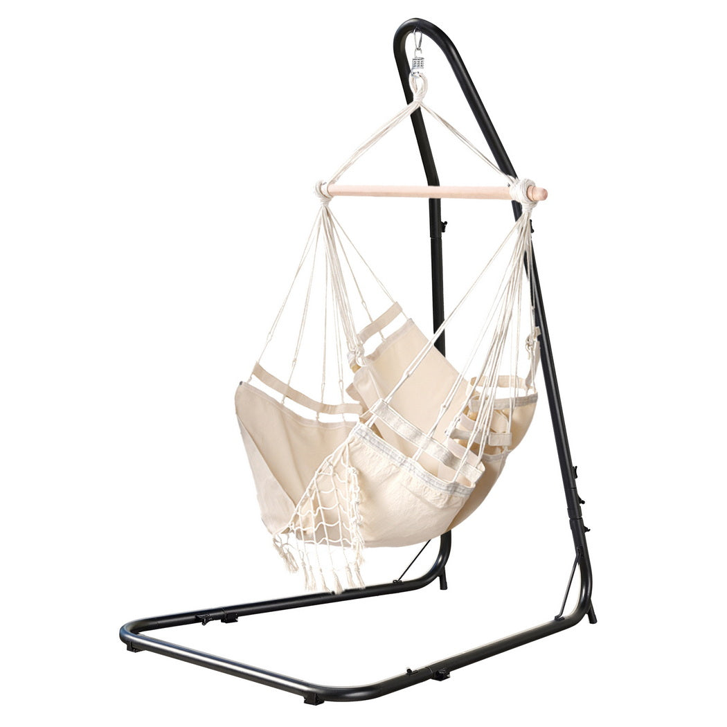 Gardeon Hammock Hanging Chair with Steel Stand HM-CHAIR-TASSEL-CREAM-A