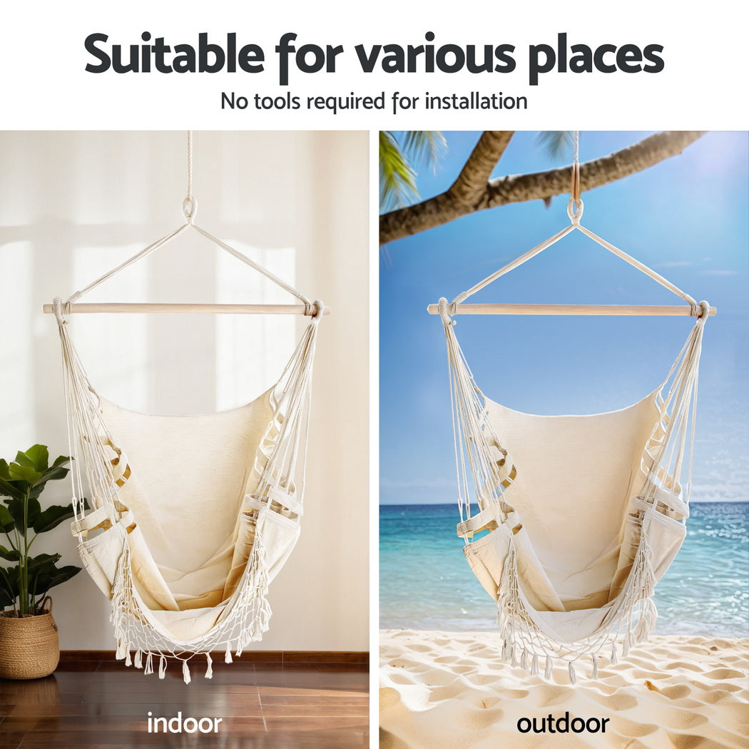 Gardeon Hammock Hanging Chair with Steel Stand HM-CHAIR-TASSEL-CREAM-A