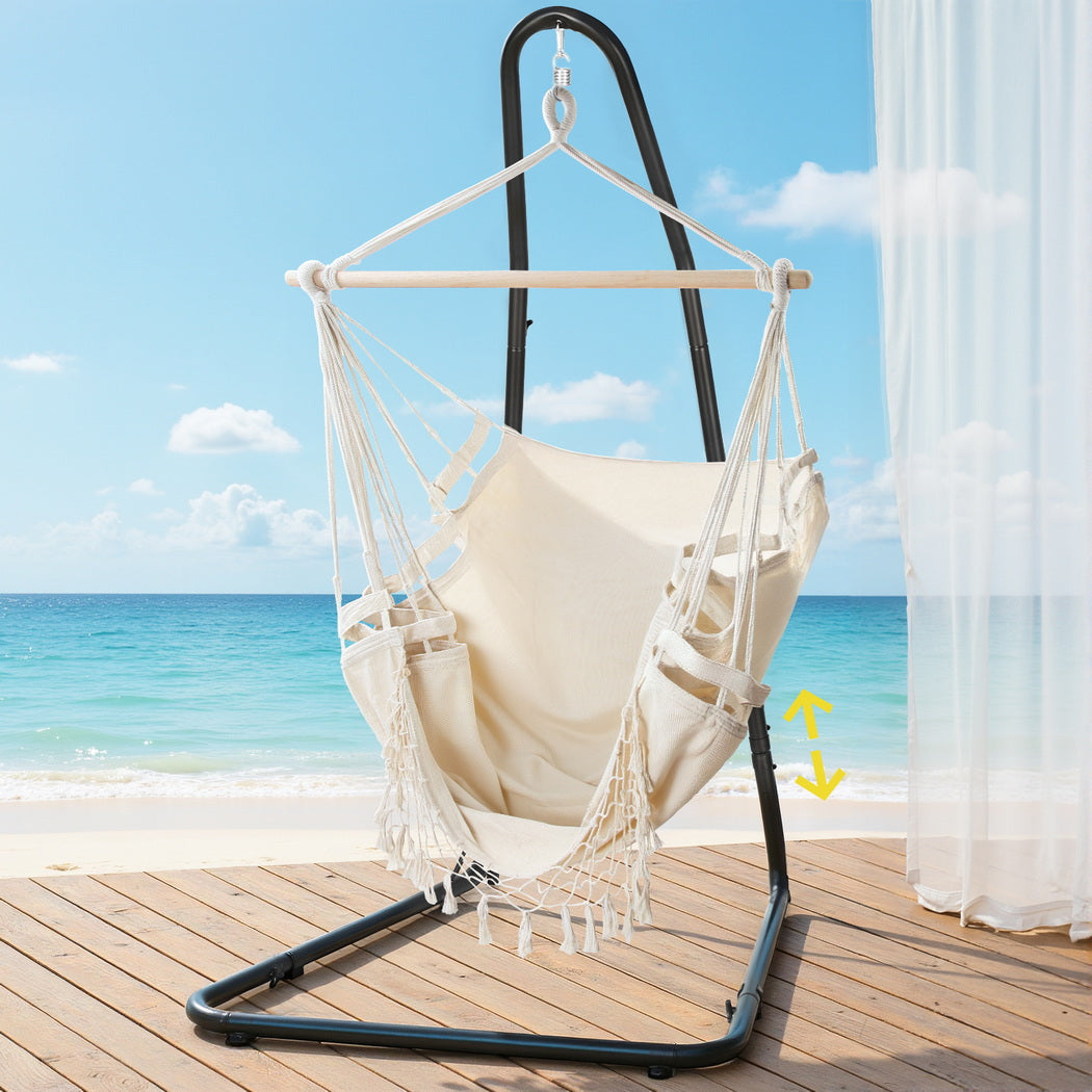 Gardeon Hammock Hanging Chair with Steel Stand HM-CHAIR-TASSEL-CREAM-A