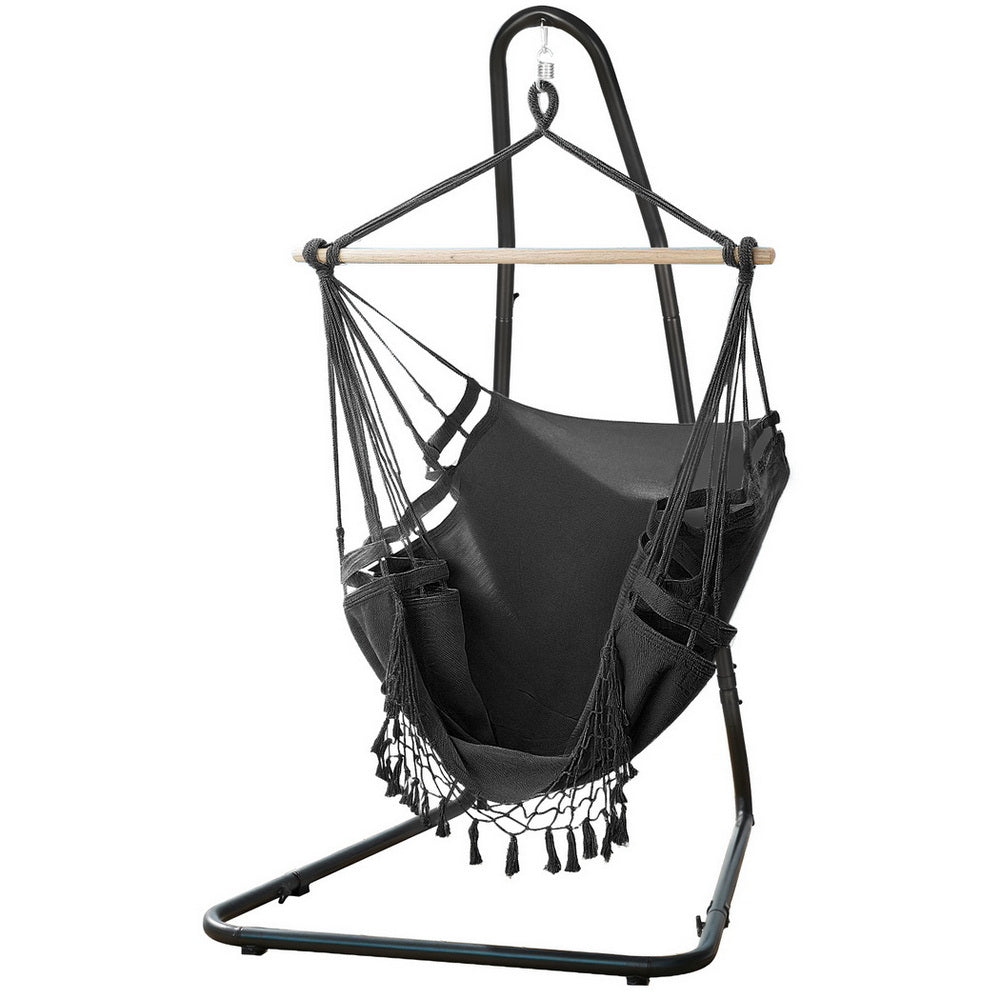 Gardeon Hammock Hanging Chair with Steel Stand HM-CHAIR-TASSEL-GREY-A