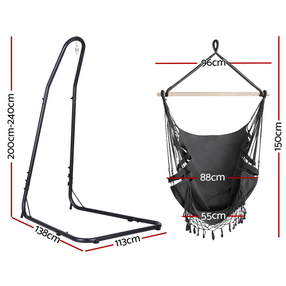 Gardeon Hammock Hanging Chair with Steel Stand HM-CHAIR-TASSEL-GREY-A