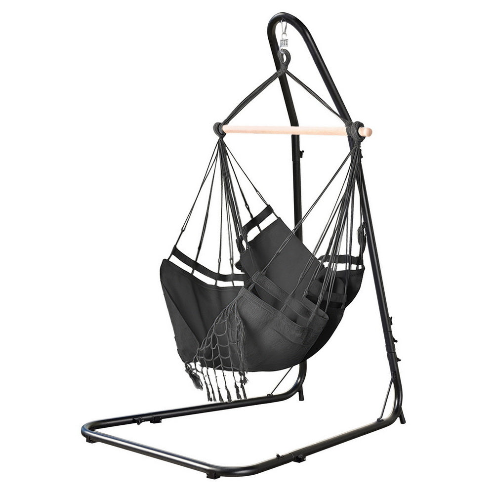 Gardeon Hammock Hanging Chair with Steel Stand HM-CHAIR-TASSEL-GREY-A
