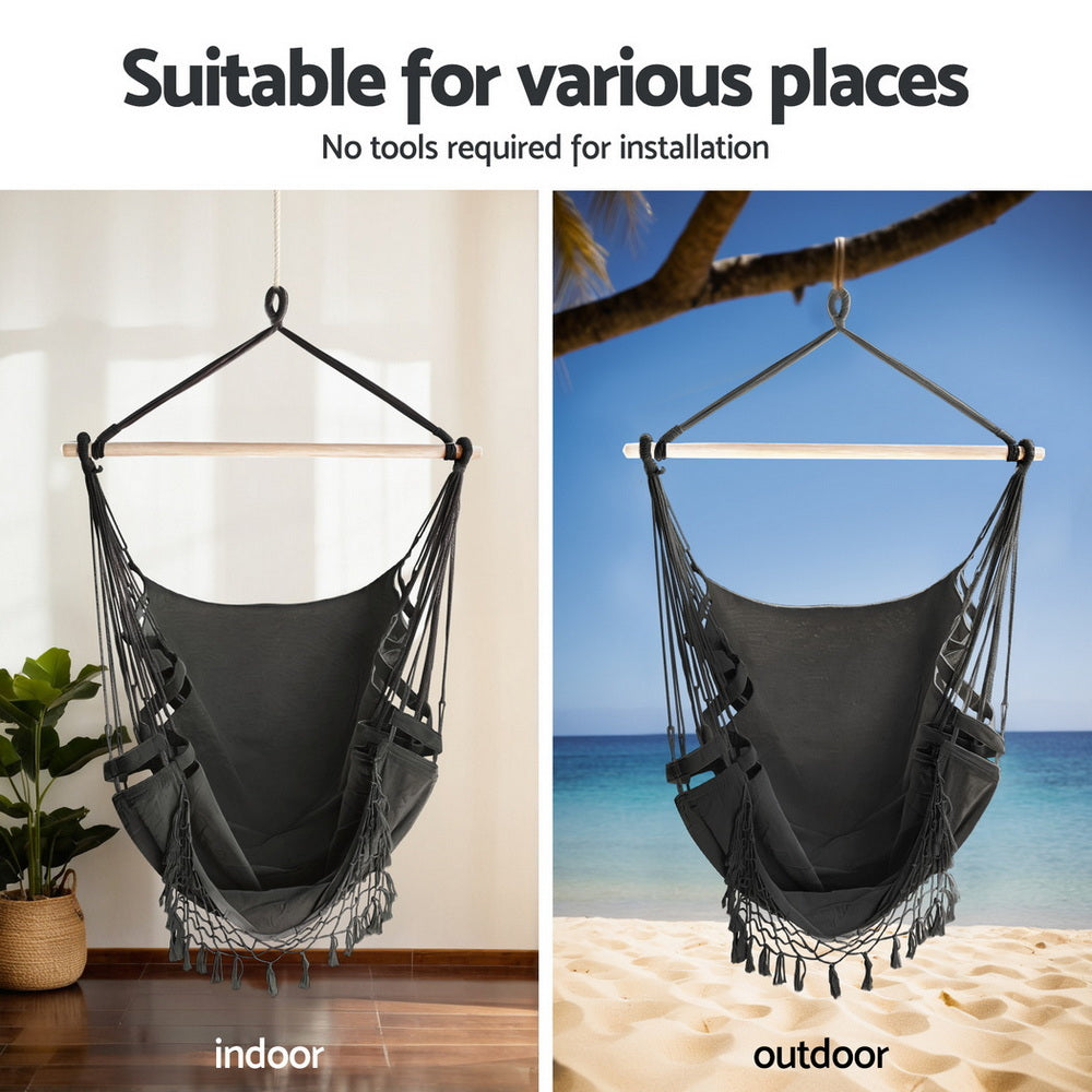 Gardeon Hammock Hanging Chair with Steel Stand HM-CHAIR-TASSEL-GREY-A