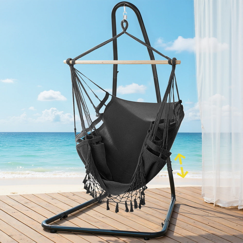 Gardeon Hammock Hanging Chair with Steel Stand HM-CHAIR-TASSEL-GREY-A