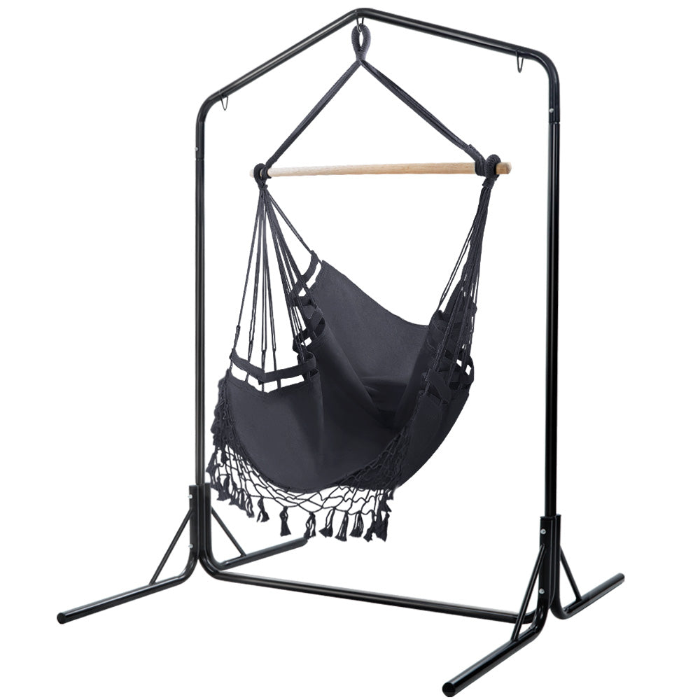 Gardeon Outdoor Hammock Chair with Stand Tassel Hanging Rope Hammocks Grey HM-CHAIR-TASSEL-GREY-U