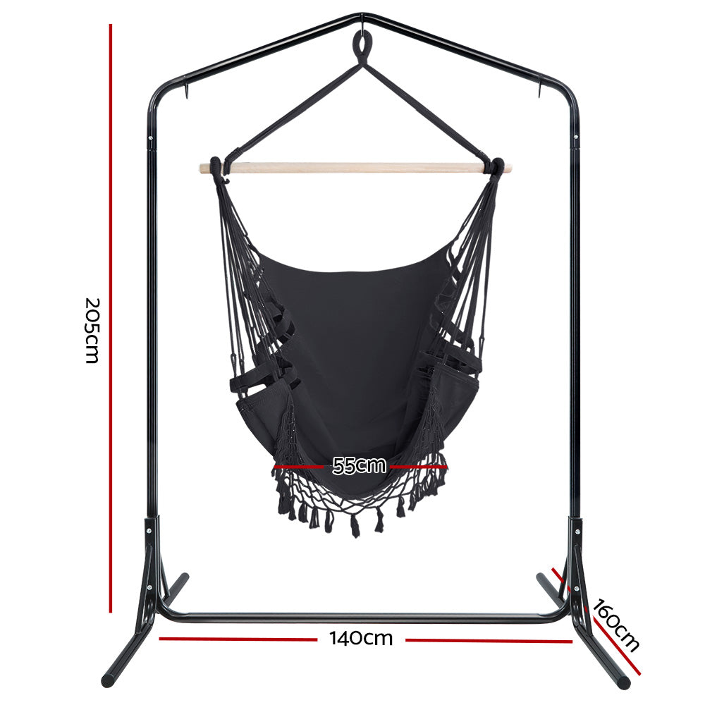 Gardeon Outdoor Hammock Chair with Stand Tassel Hanging Rope Hammocks Grey HM-CHAIR-TASSEL-GREY-U