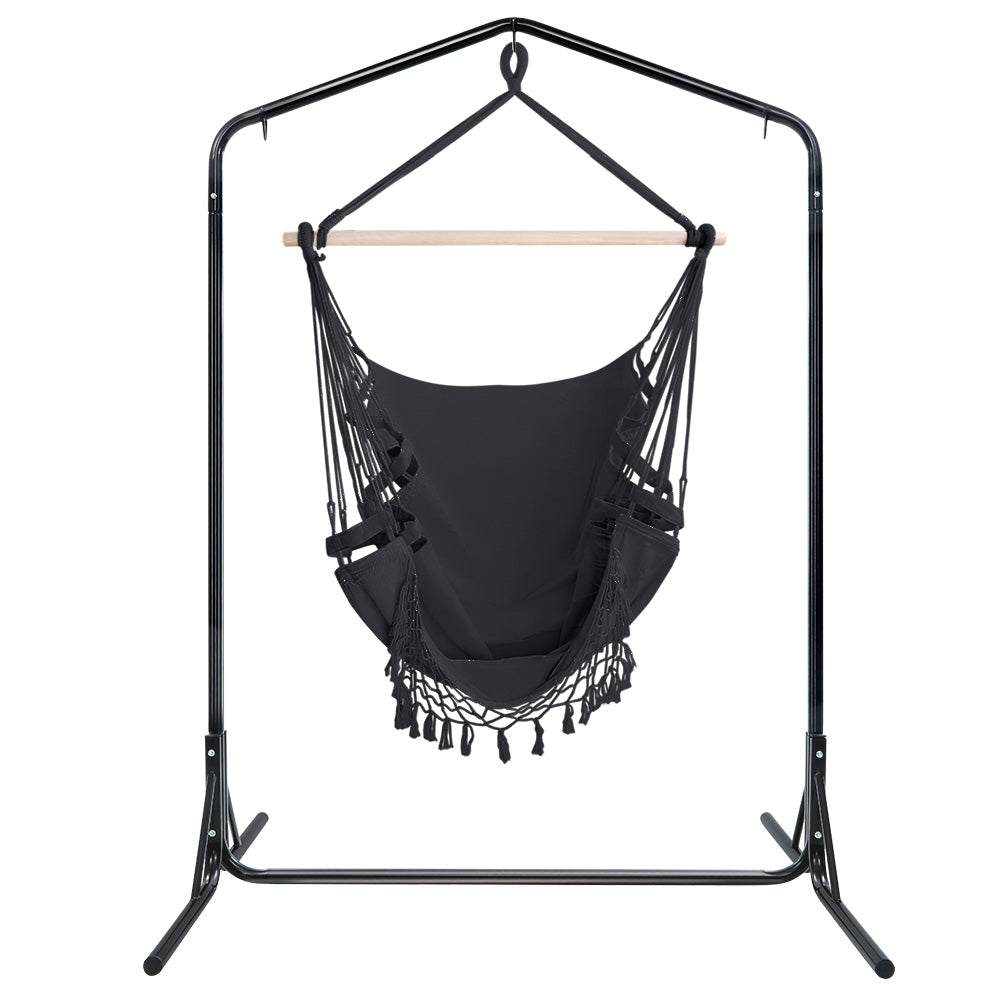 Gardeon Outdoor Hammock Chair with Stand Tassel Hanging Rope Hammocks Grey HM-CHAIR-TASSEL-GREY-U