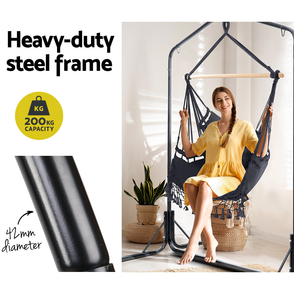 Gardeon Outdoor Hammock Chair with Stand Tassel Hanging Rope Hammocks Grey HM-CHAIR-TASSEL-GREY-U