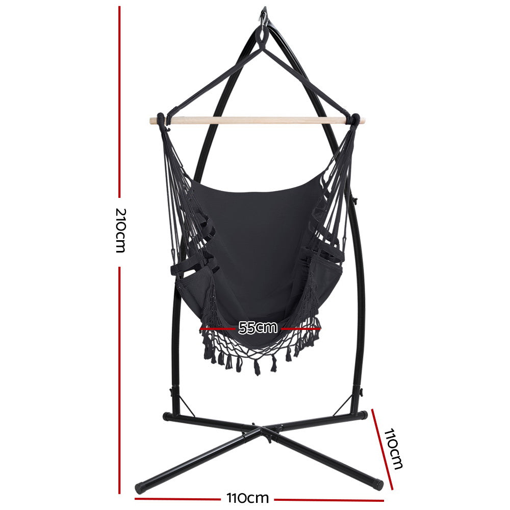 Gardeon Hammock Chair with Steel Stand Hanging Outdoor Tassel Grey HM-CHAIR-TASSEL-GREY-X