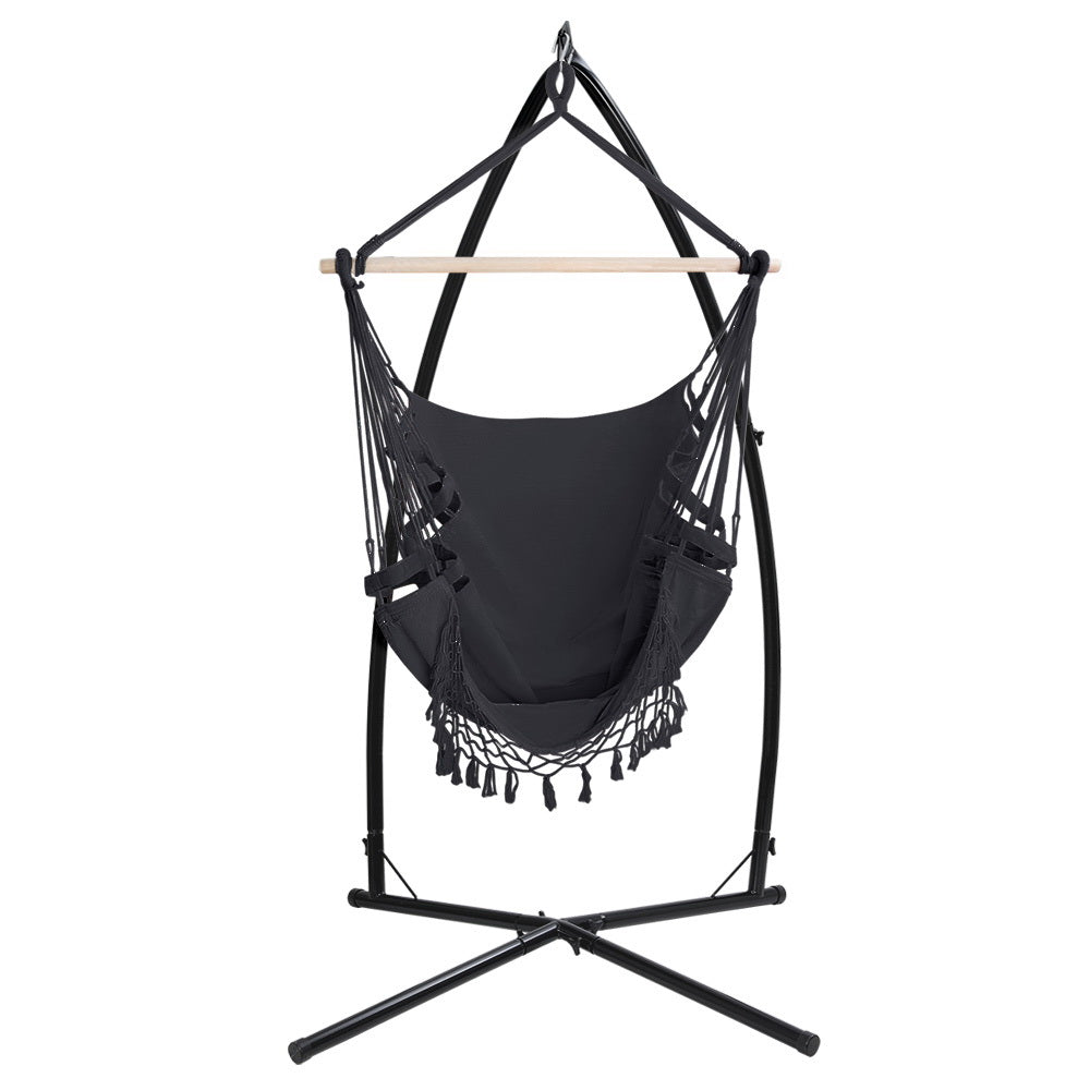 Gardeon Hammock Chair with Steel Stand Hanging Outdoor Tassel Grey HM-CHAIR-TASSEL-GREY-X