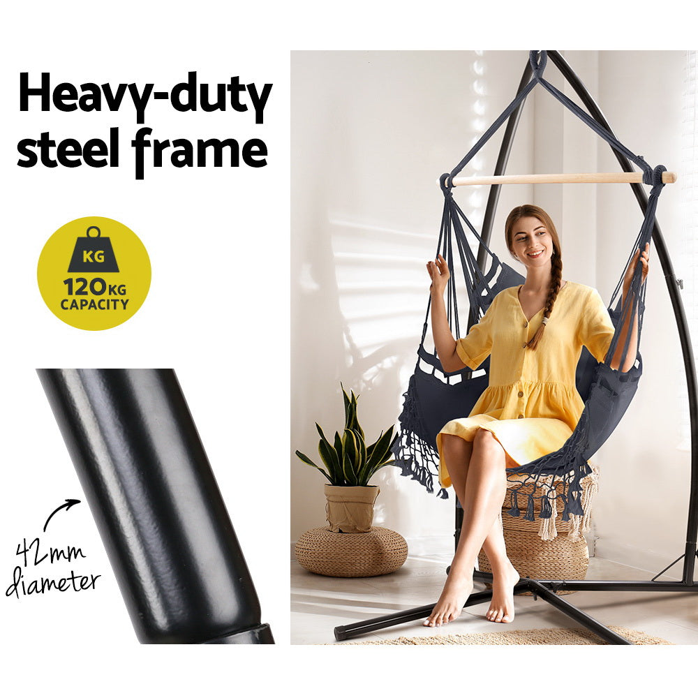 Gardeon Hammock Chair with Steel Stand Hanging Outdoor Tassel Grey HM-CHAIR-TASSEL-GREY-X
