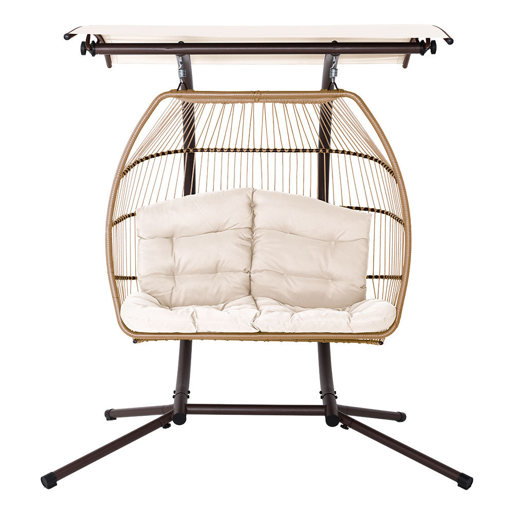Gardeon Outdoor Egg Swing Chair Wicker Furniture Pod Stand Canopy 2 Seater Latte HM-EGG-FOLD-D-CR