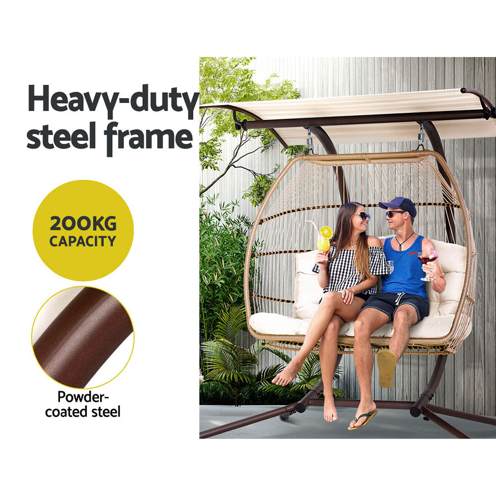 Gardeon Outdoor Egg Swing Chair Wicker Furniture Pod Stand Canopy 2 Seater Latte HM-EGG-FOLD-D-CR