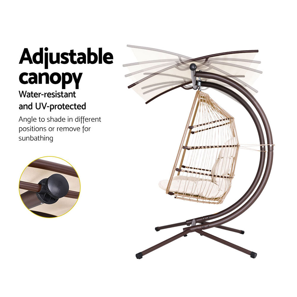 Gardeon Outdoor Egg Swing Chair Wicker Furniture Pod Stand Canopy 2 Seater Latte HM-EGG-FOLD-D-CR