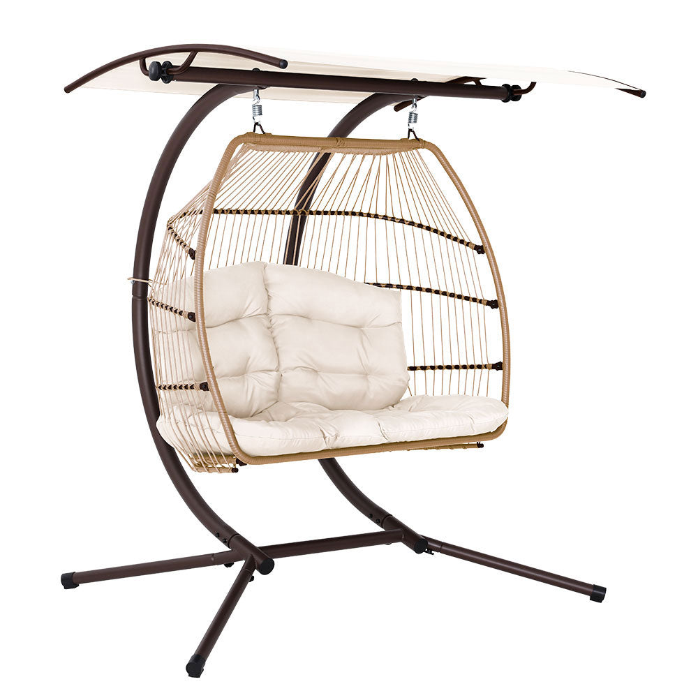Gardeon Outdoor Egg Swing Chair Wicker Furniture Pod Stand Canopy 2 Seater Latte HM-EGG-FOLD-D-CR