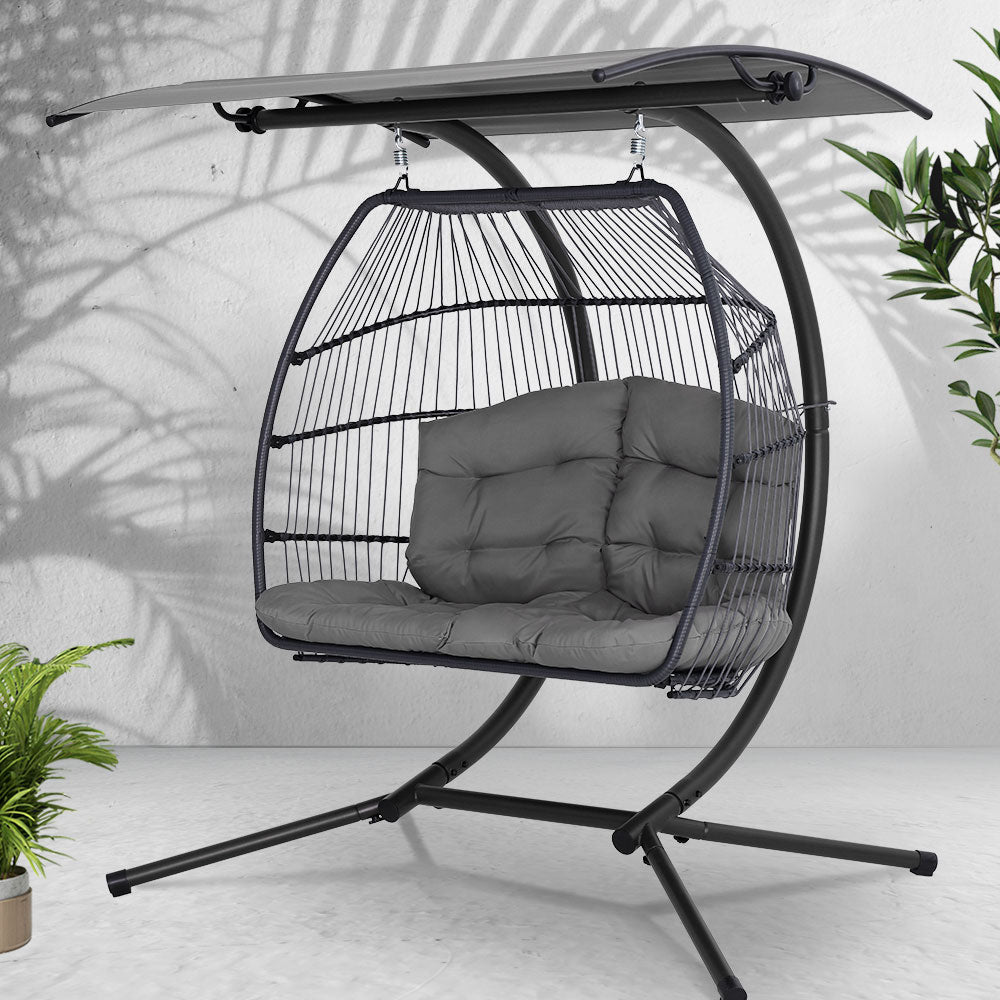 Gardeon Outdoor Egg Swing Chair Wicker Furniture Pod Stand Canopy 2 Seater Grey HM-EGG-FOLD-D-GR