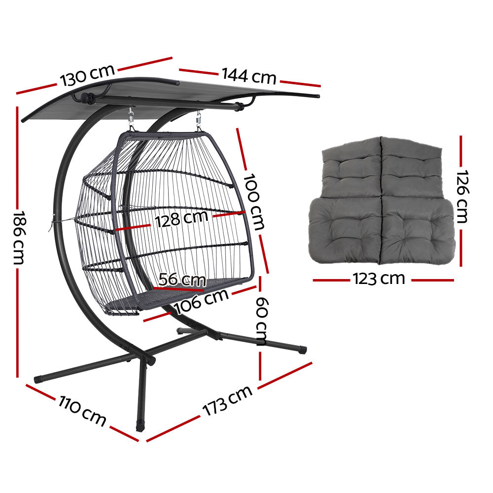 Gardeon Outdoor Egg Swing Chair Wicker Furniture Pod Stand Canopy 2 Seater Grey HM-EGG-FOLD-D-GR