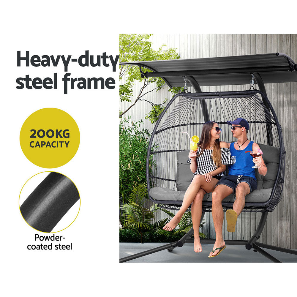 Gardeon Outdoor Egg Swing Chair Wicker Furniture Pod Stand Canopy 2 Seater Grey HM-EGG-FOLD-D-GR