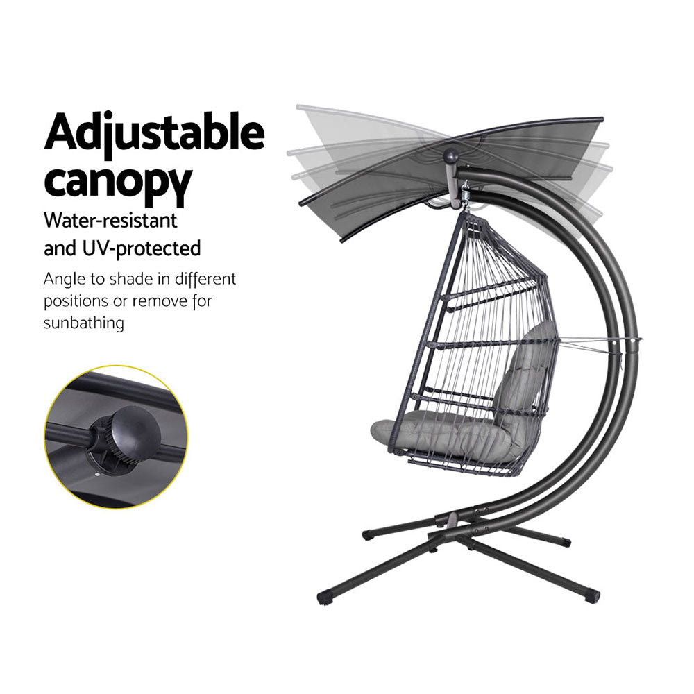 Gardeon Outdoor Egg Swing Chair Wicker Furniture Pod Stand Canopy 2 Seater Grey HM-EGG-FOLD-D-GR