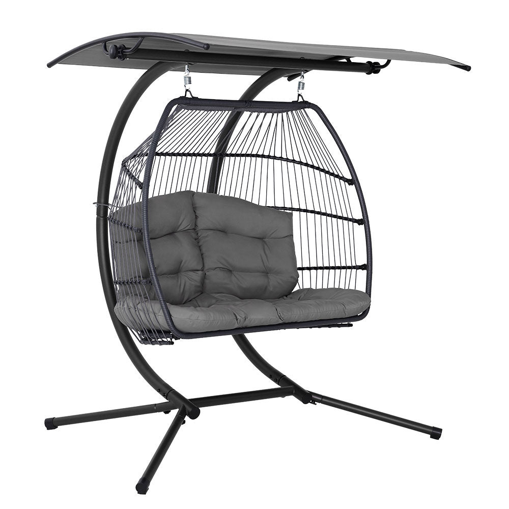 Gardeon Outdoor Egg Swing Chair Wicker Furniture Pod Stand Canopy 2 Seater Grey HM-EGG-FOLD-D-GR