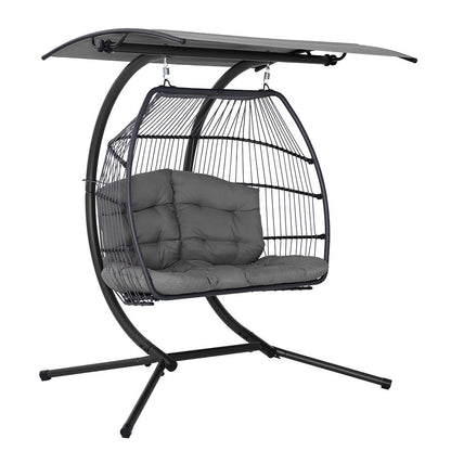 Gardeon Outdoor Egg Swing Chair Wicker Furniture Pod Stand Canopy 2 Seater Grey HM-EGG-FOLD-D-GR