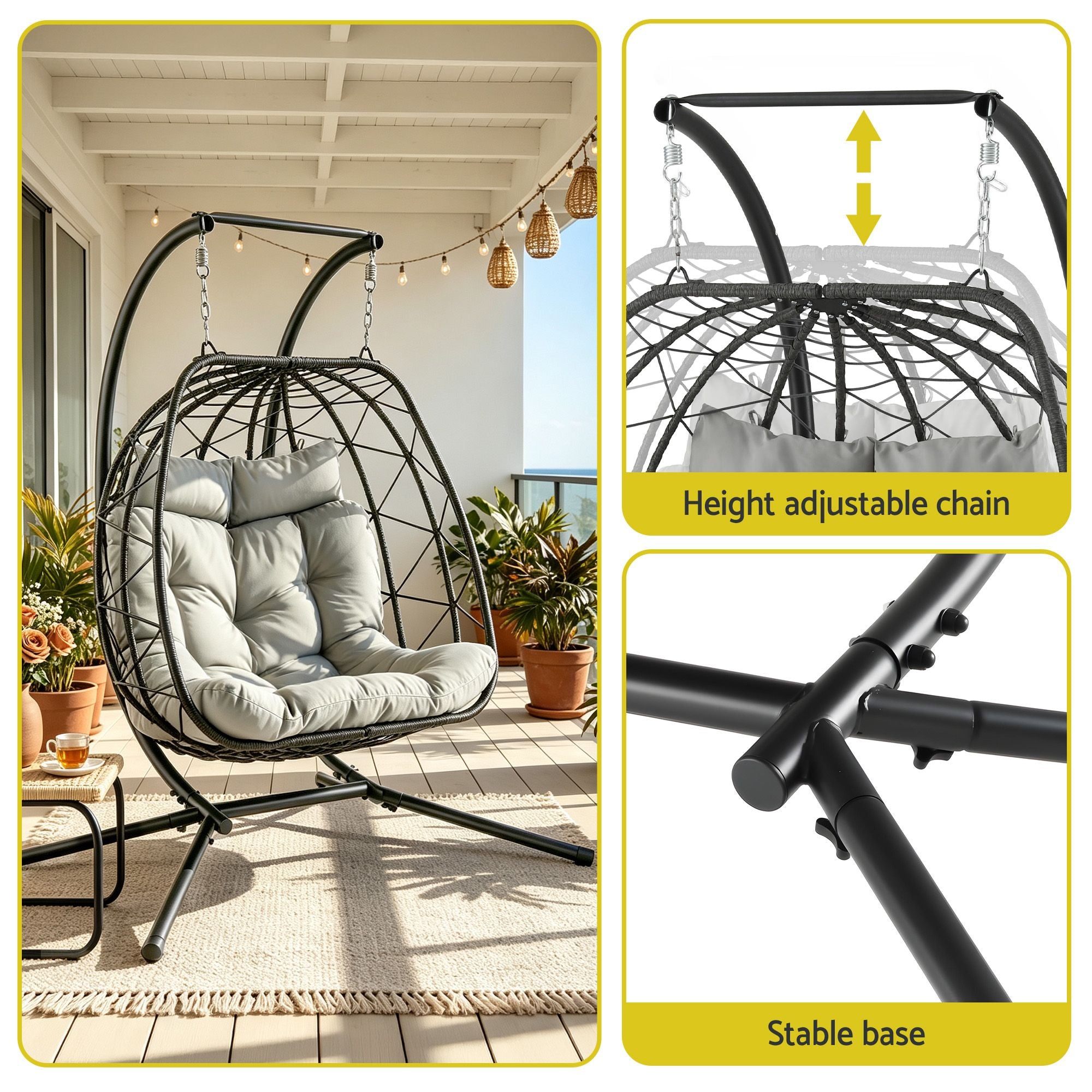 Gardeon Outdoor Swing Chair 2 Seater with Stand Cushion Rattan Patio Furniture
