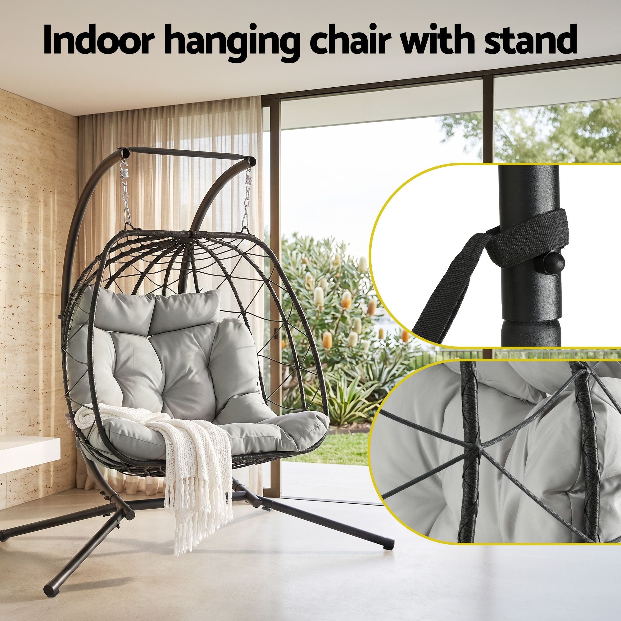Gardeon Outdoor Swing Chair 2 Seater with Stand Cushion Rattan Patio Furniture