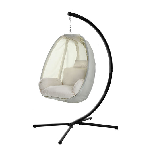 Gardeon Outdoor Egg Swing Chair Patio Furniture Pod Stand Canopy Foldable Cream HM-EGG-FOLD-S-CREAM