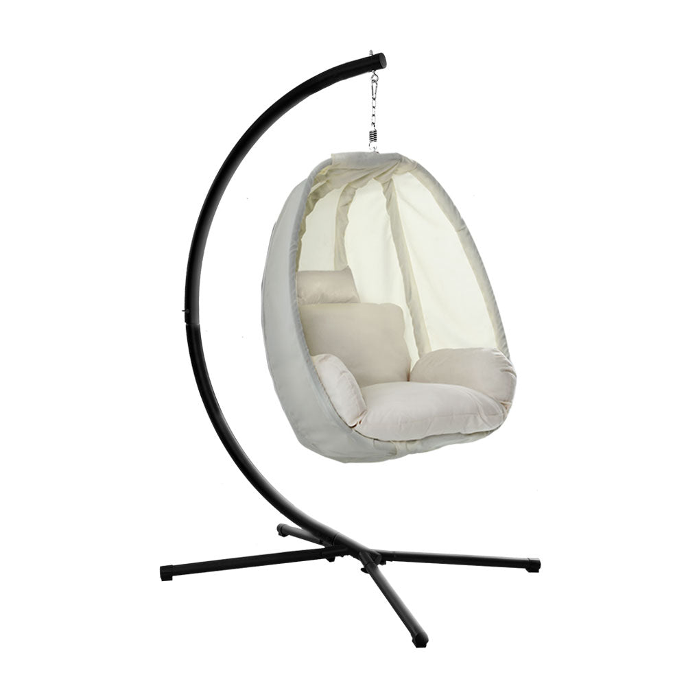 Gardeon Outdoor Egg Swing Chair Patio Furniture Pod Stand Canopy Foldable Cream HM-EGG-FOLD-S-CREAM