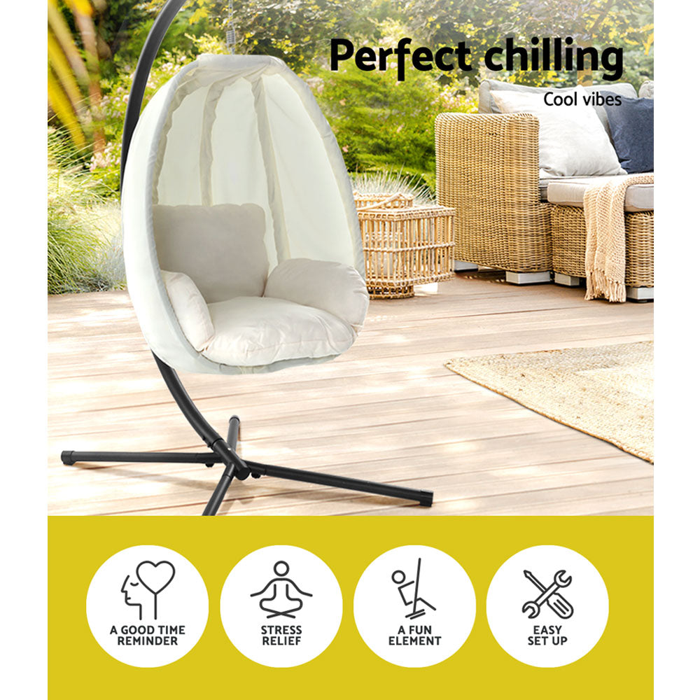 Gardeon Outdoor Egg Swing Chair Patio Furniture Pod Stand Canopy Foldable Cream HM-EGG-FOLD-S-CREAM