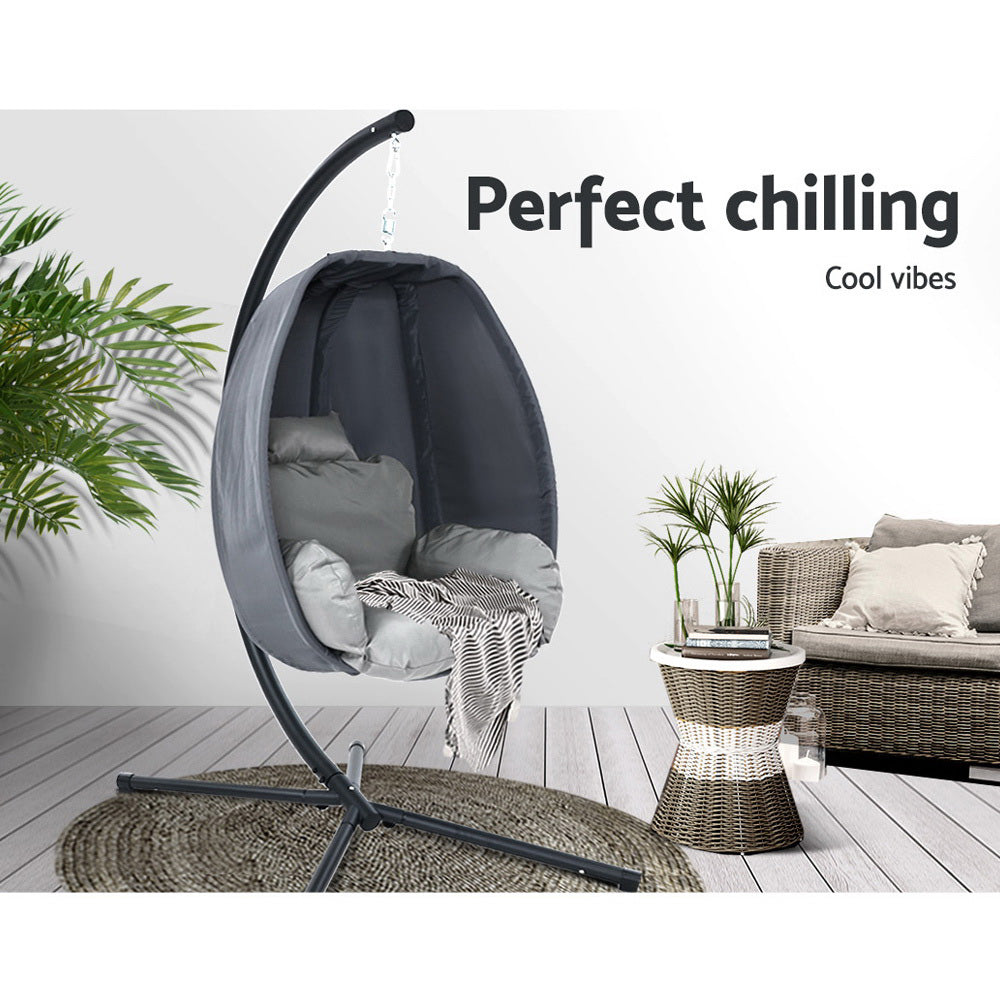Gardeon Outdoor Egg Swing Chair Patio Furniture Pod Stand Canopy Foldable Grey HM-EGG-FOLD-S-GREY