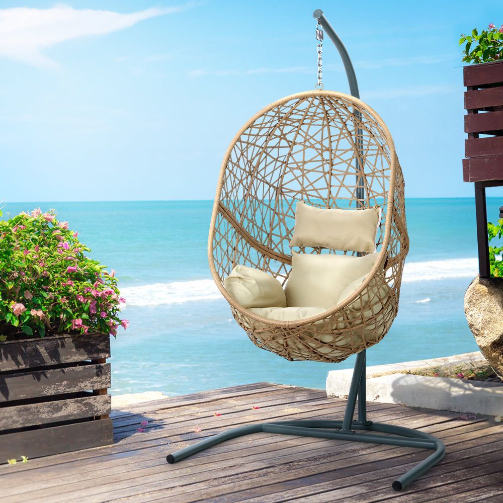 Gardeon Outdoor Egg Swing Chair Wicker Rattan Furniture Pod Stand Cushion Yellow HM-EGG-J-NEST-S-YE-AB