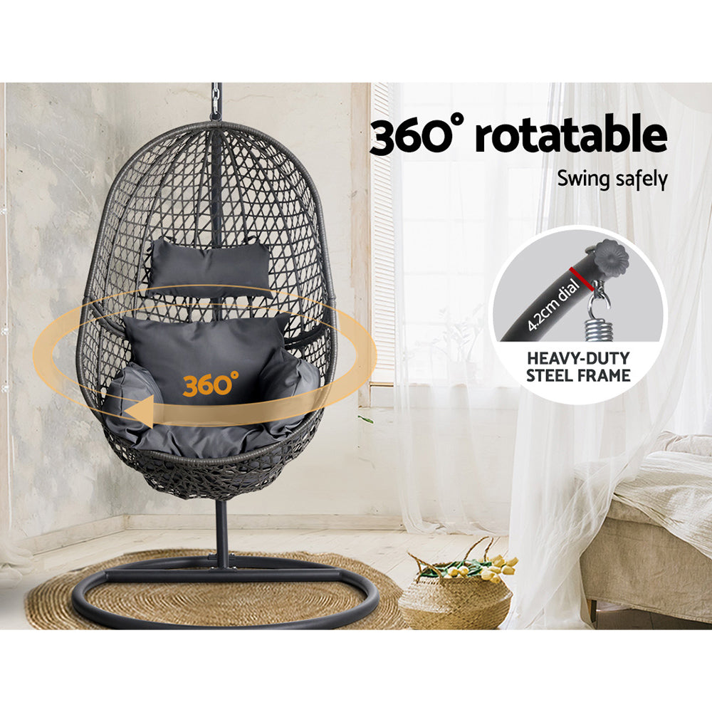 Gardeon Outdoor Egg Swing Chair Wicker Rattan Furniture Pod Stand Cushion Black HM-EGG-J-SELIPS-S-BK-AB