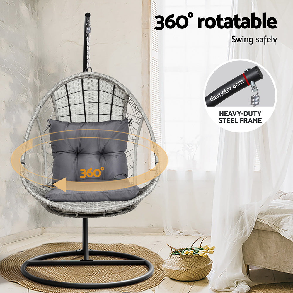 Gardeon Outdoor Egg Swing Chair Wicker Furniture Pod Stand Armrest Light Grey HM-EGG-RAN-S-ARM-LGR