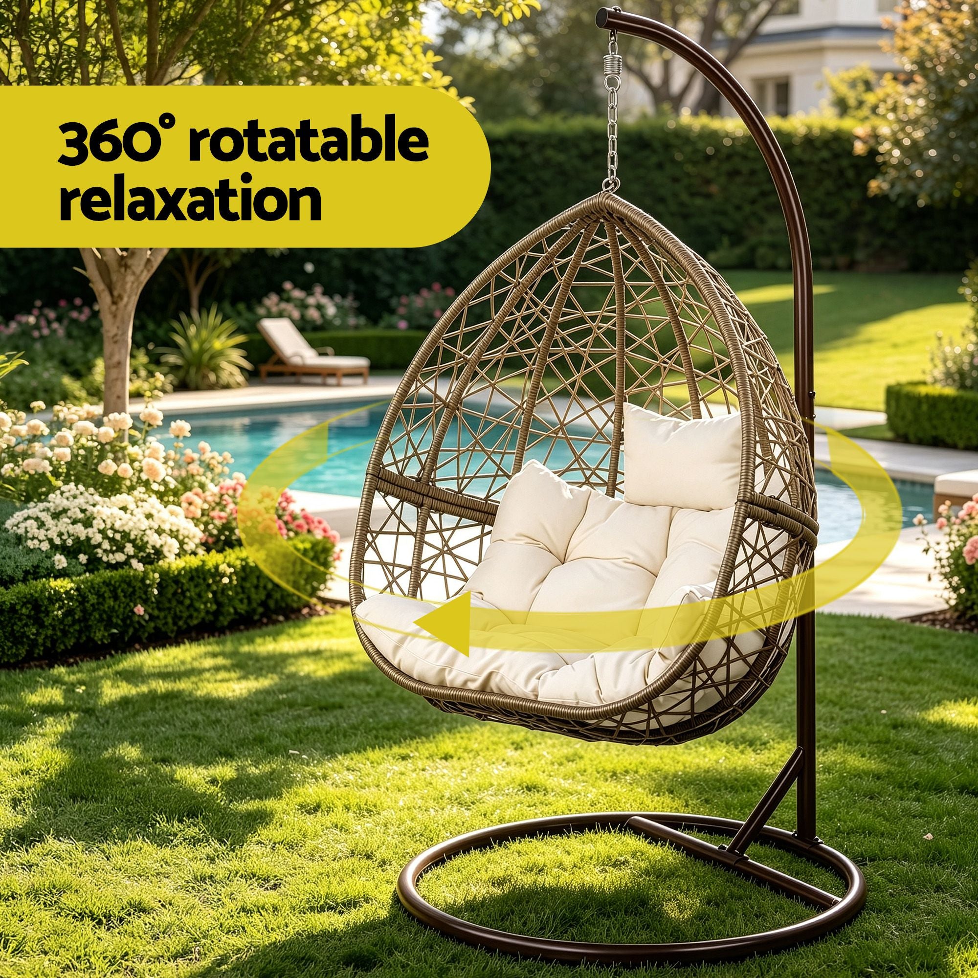 Gardeon Outdoor Egg Swing Chair Wicker Rattan Furniture Pod Stand Cushion Latte HM-EGG-RAN-S-LACR-AB
