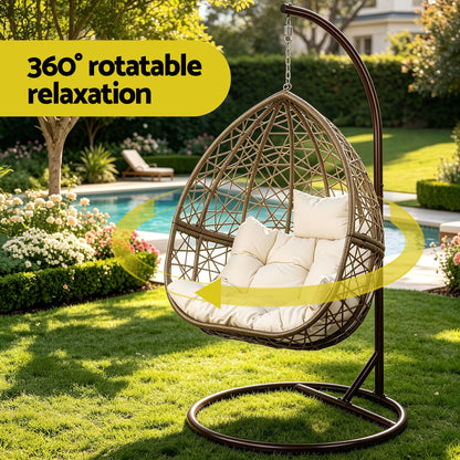 Gardeon Outdoor Egg Swing Chair Wicker Rattan Furniture Pod Stand Cushion Latte HM-EGG-RAN-S-LACR-AB
