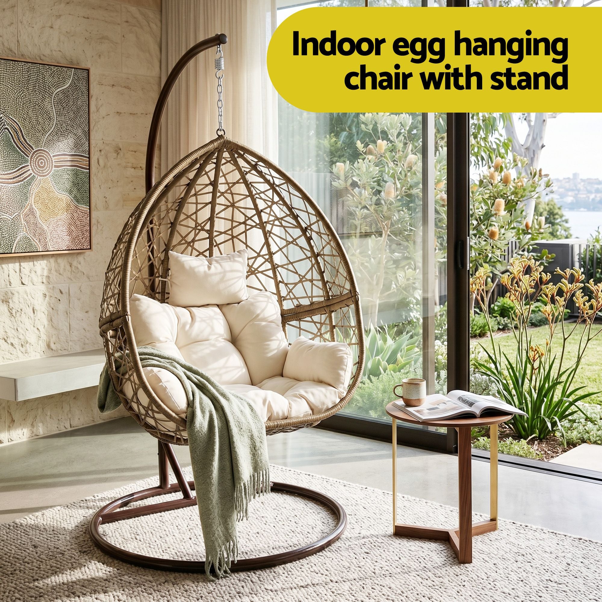 Gardeon Outdoor Egg Swing Chair Wicker Rattan Furniture Pod Stand Cushion Latte HM-EGG-RAN-S-LACR-AB