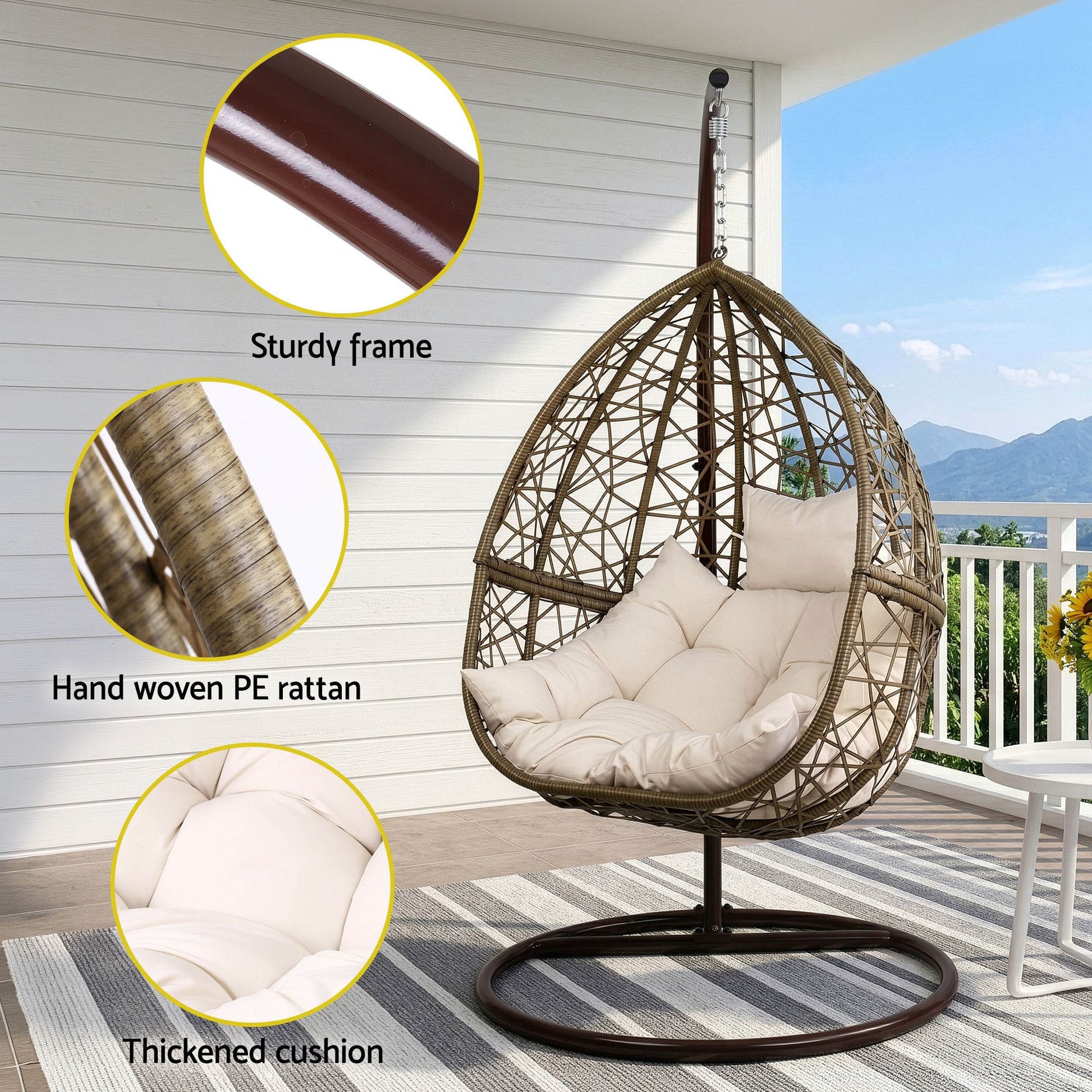 Gardeon Outdoor Egg Swing Chair Wicker Rattan Furniture Pod Stand Cushion Latte HM-EGG-RAN-S-LACR-AB