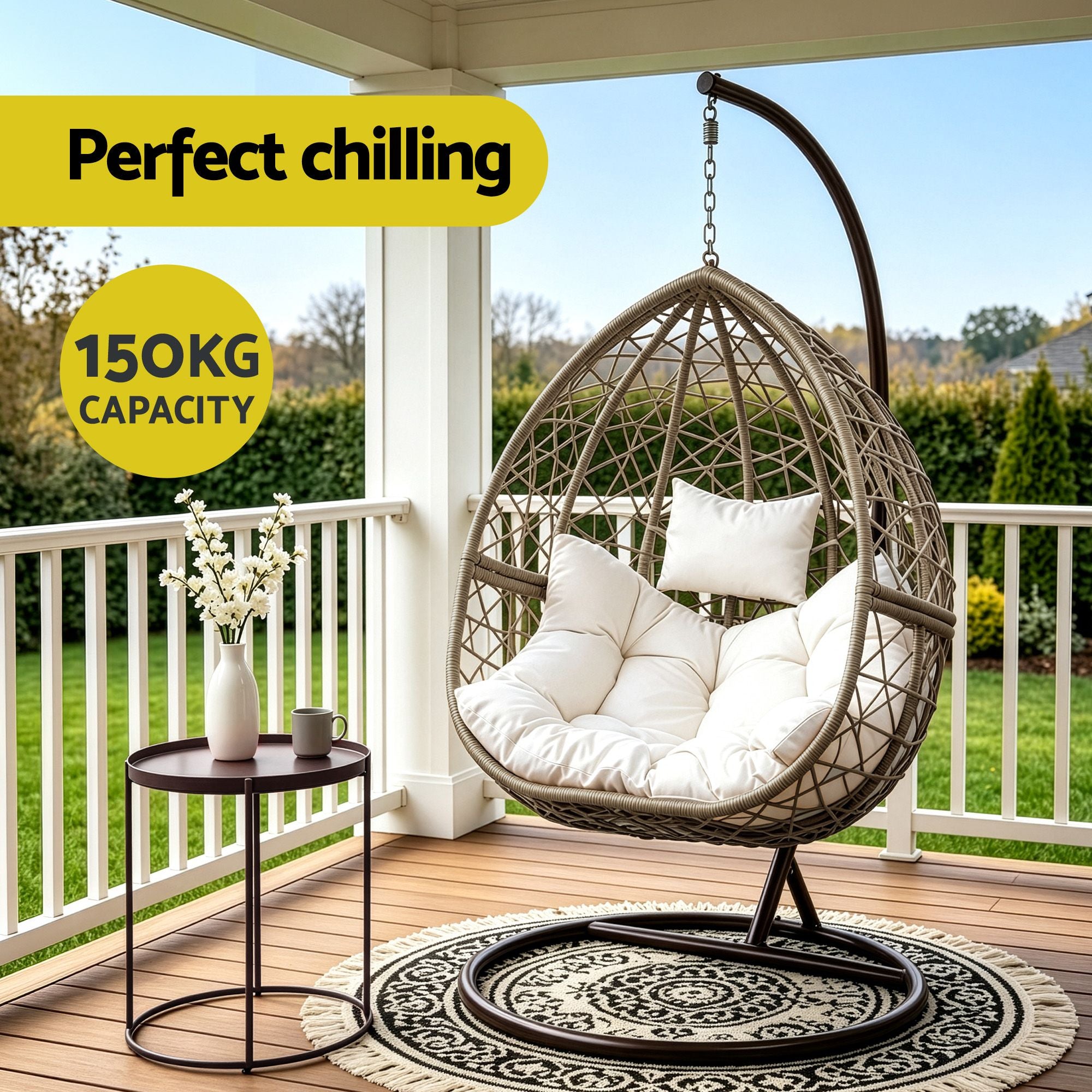 Gardeon Outdoor Egg Swing Chair Wicker Rattan Furniture Pod Stand Cushion Latte HM-EGG-RAN-S-LACR-AB