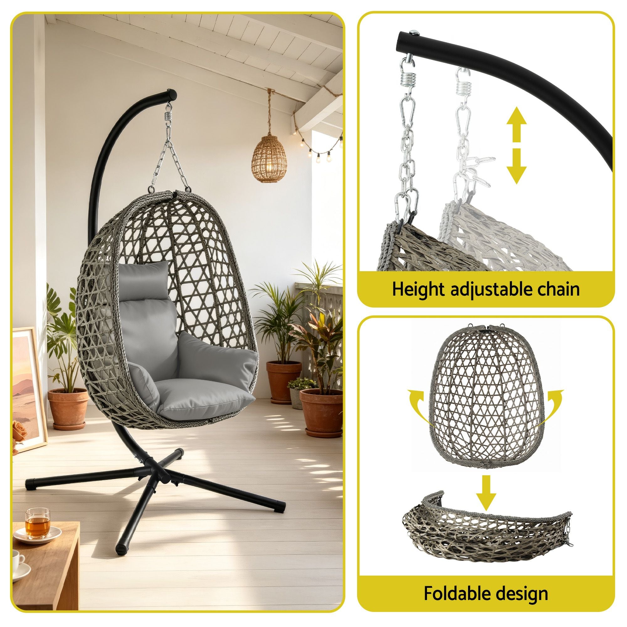 Gardeon Outdoor Swing Chair with Stand Cushion Rattan Furniture Grey