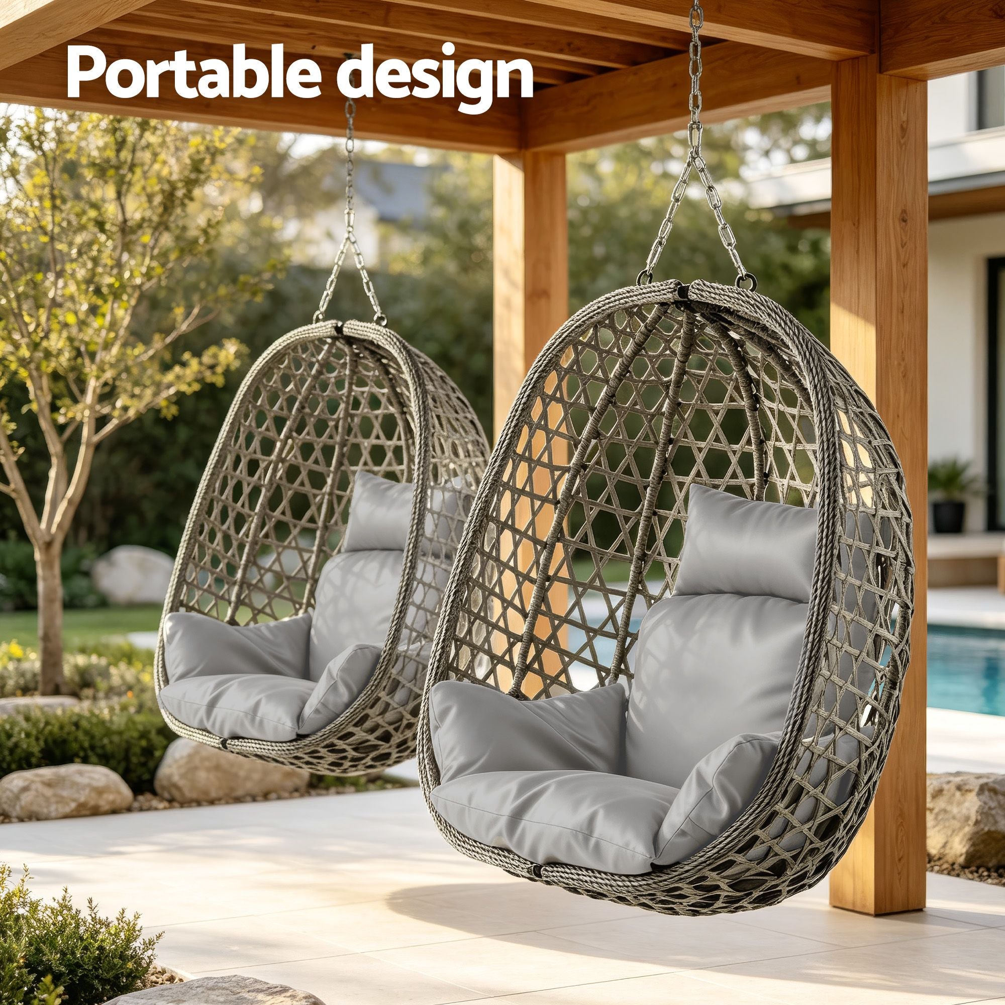 Gardeon Outdoor Swing Chair with Stand Cushion Rattan Furniture Grey