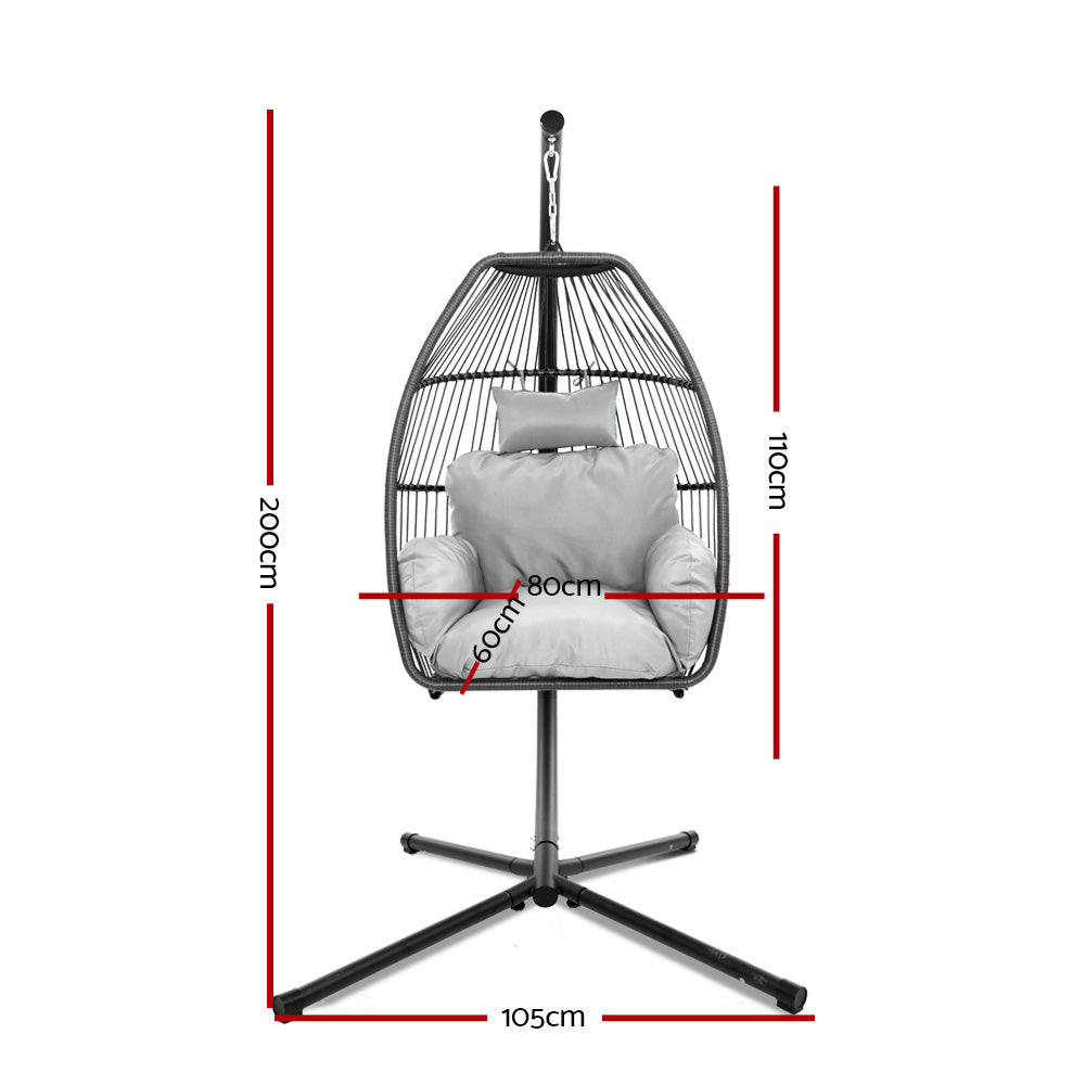 Gardeon Outdoor Egg Swing Chair Wicker Rope Furniture Pod Stand Cushion Grey HM-EGG-ROPE-S-GREY