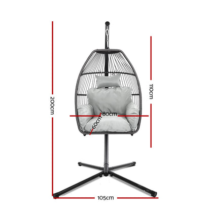 Gardeon Outdoor Egg Swing Chair Wicker Rope Furniture Pod Stand Cushion Grey HM-EGG-ROPE-S-GREY