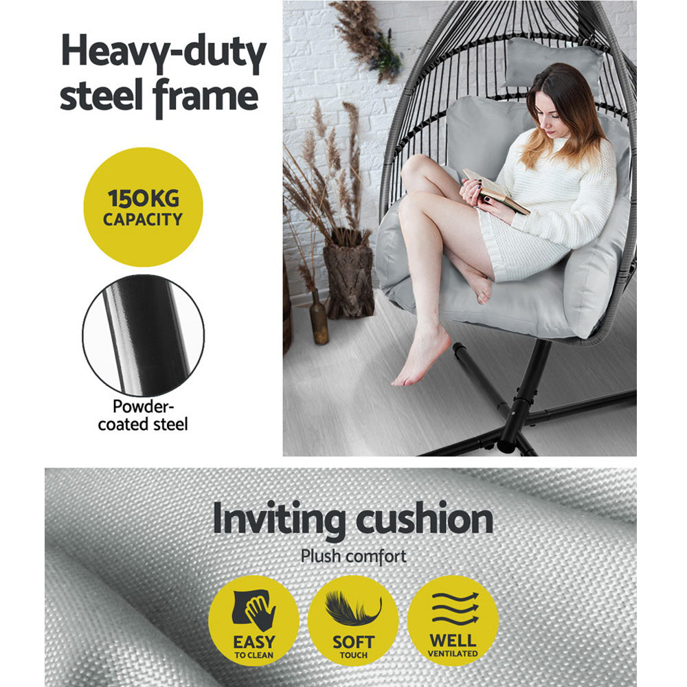 Gardeon Outdoor Egg Swing Chair Wicker Rope Furniture Pod Stand Cushion Grey HM-EGG-ROPE-S-GREY