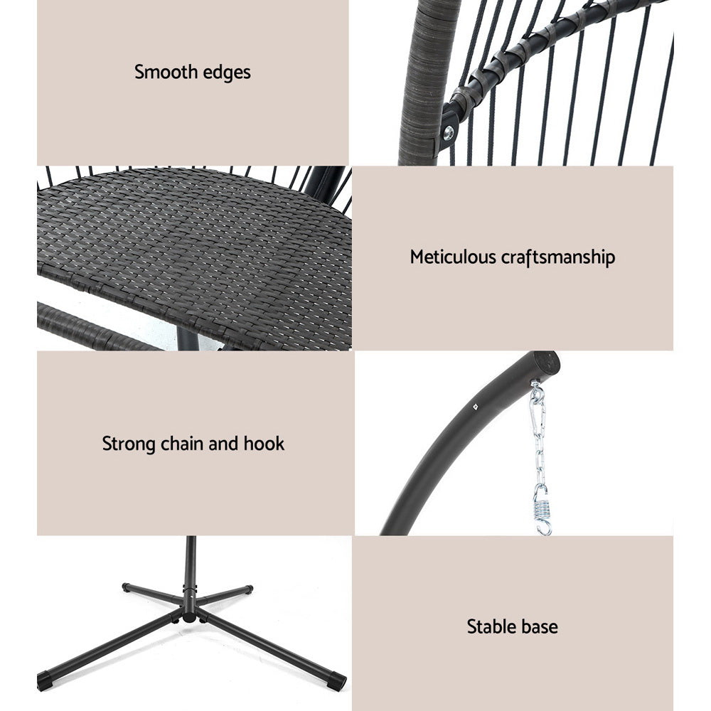 Gardeon Outdoor Egg Swing Chair Wicker Rope Furniture Pod Stand Cushion Grey HM-EGG-ROPE-S-GREY