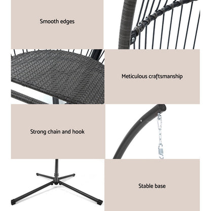 Gardeon Outdoor Egg Swing Chair Wicker Rope Furniture Pod Stand Cushion Grey HM-EGG-ROPE-S-GREY